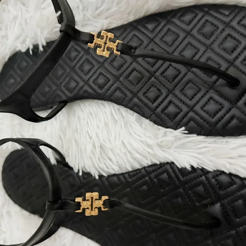 TORY BURCH | Marion Quilted Leather Flat Sandals Black & Gold Ankle Strap | 10
